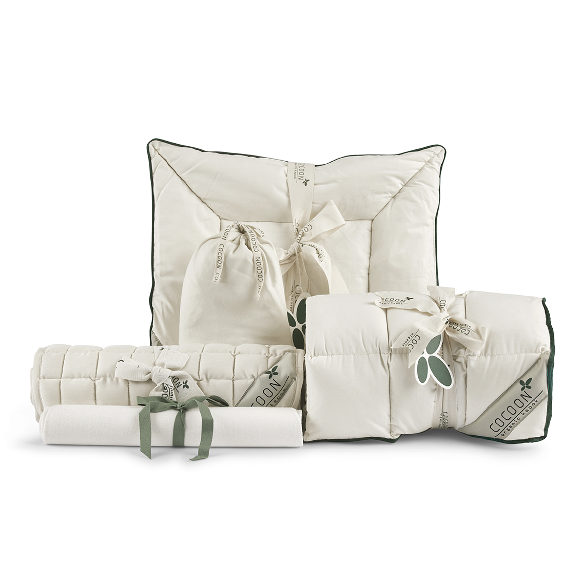 Kapok barnevognspakke | Indeholder 1 x kapok rullemadras, 1 x babydyne, 1 x babypude, 1 x vådliggerlagen & 2 x stræklagner - Cocoon Company